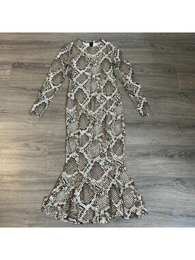 Norma Kamali Dress Womens M Brown Snake Print Bodycon Mermaid Maxi Long Sleeve